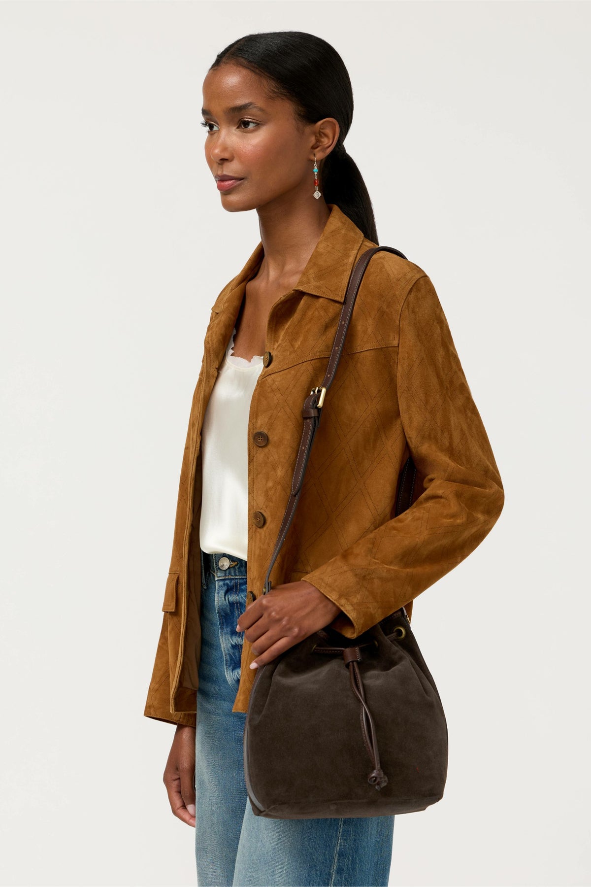 ITALIAN SUEDE CINCH CROSSBODY BUCKETBAG - Johnny Was Signature