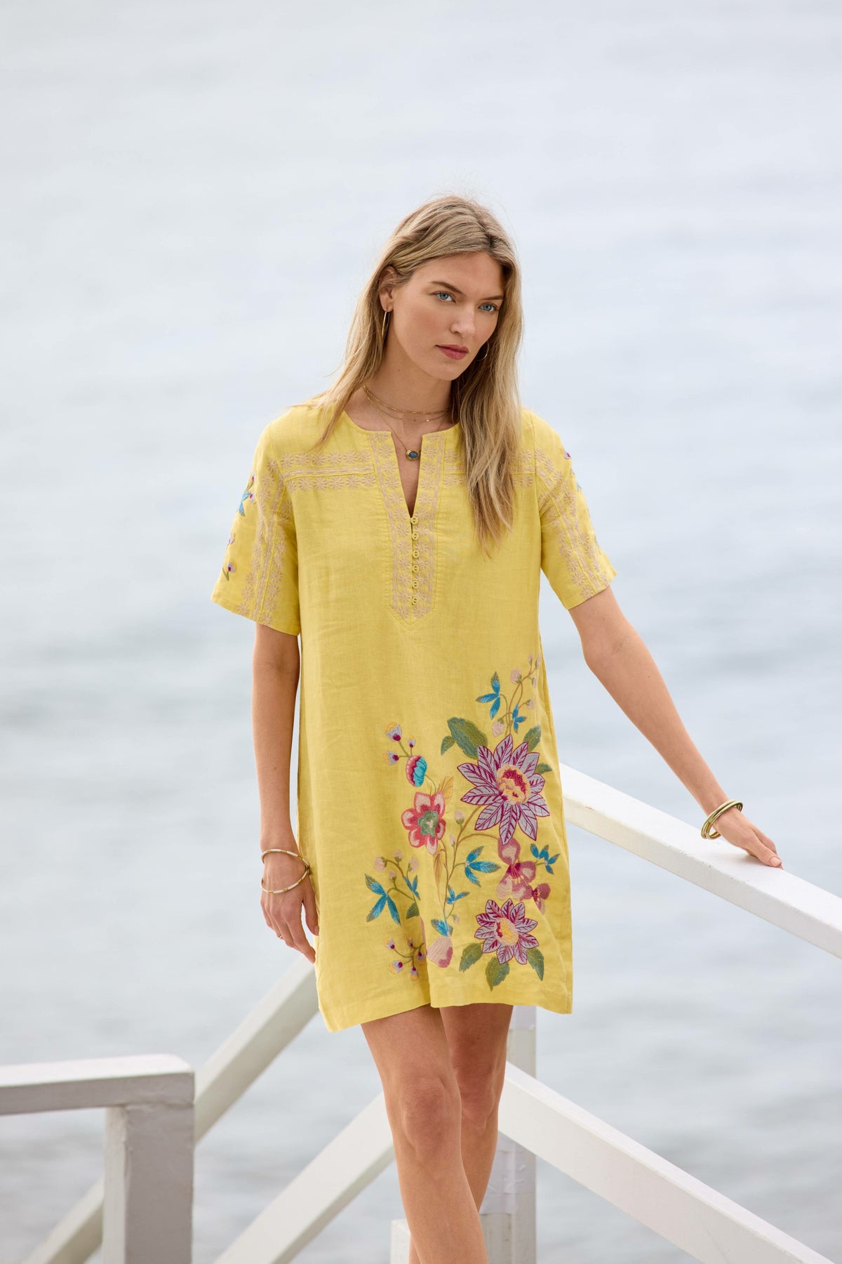 SEAMED BUTTON NECK LINEN DRESS - Johnny Was Signature