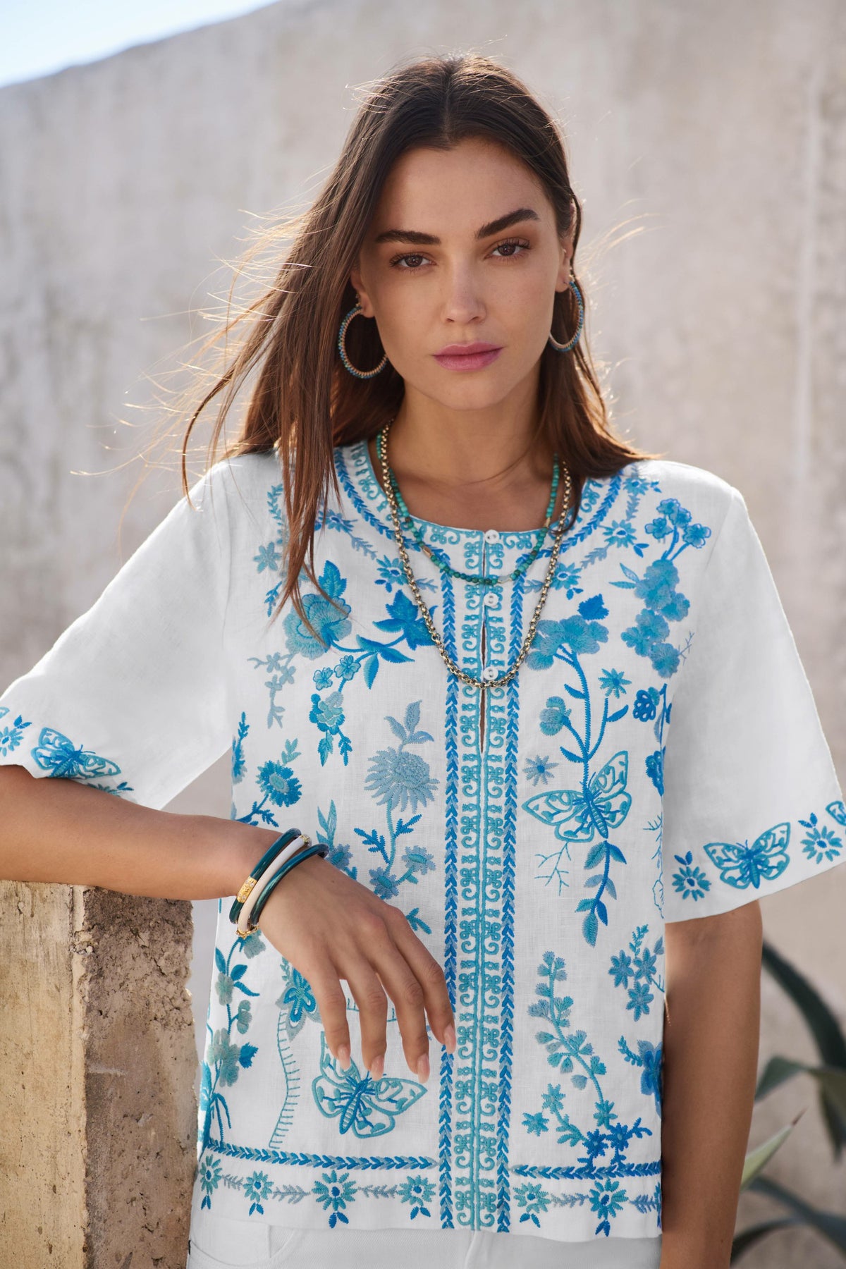 FIONA SPLIT NECK LINEN BLOUSE - Johnny Was Trending