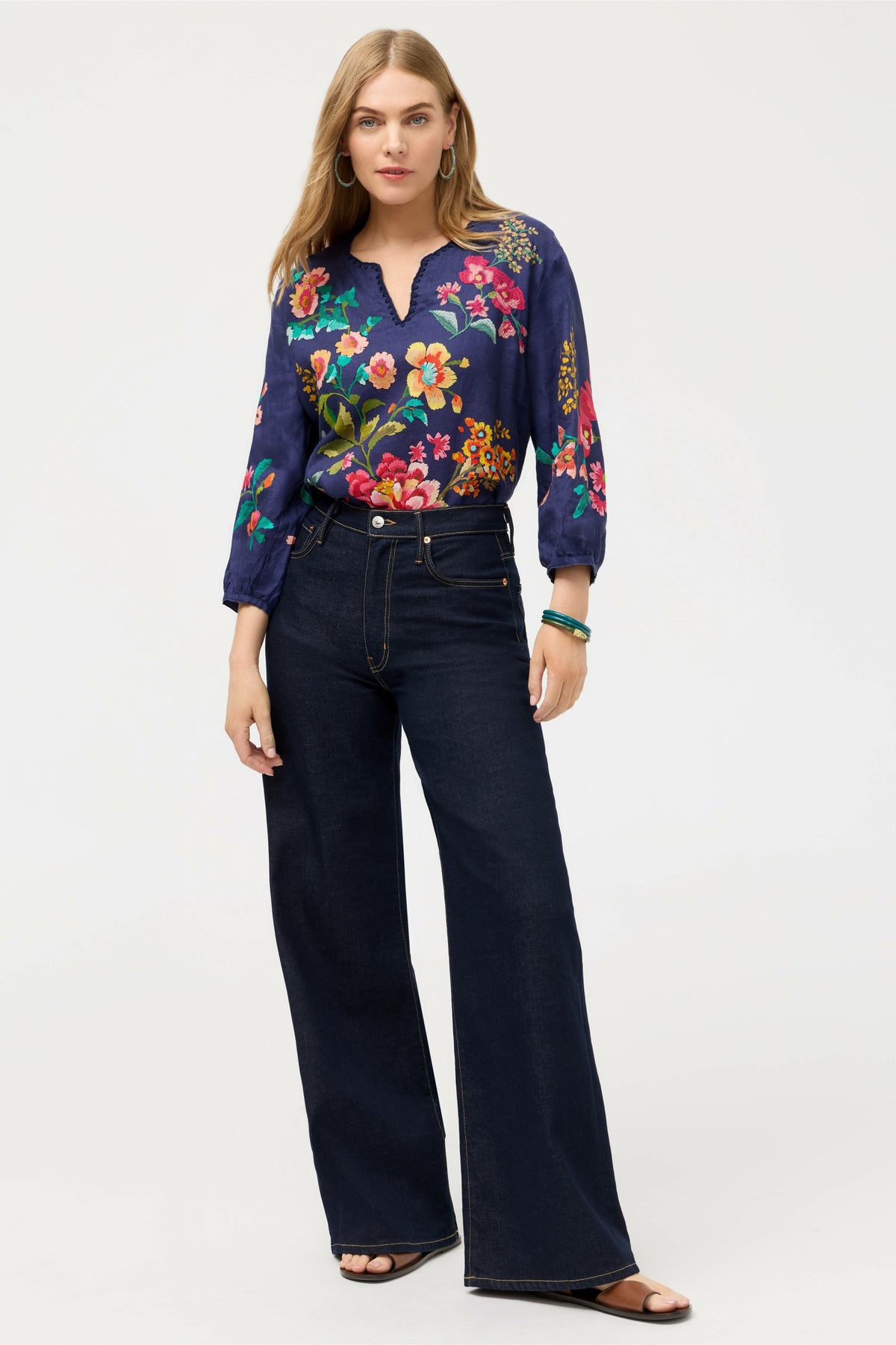 SPLIT NECK LINEN BLOUSE - Johnny Was Popular