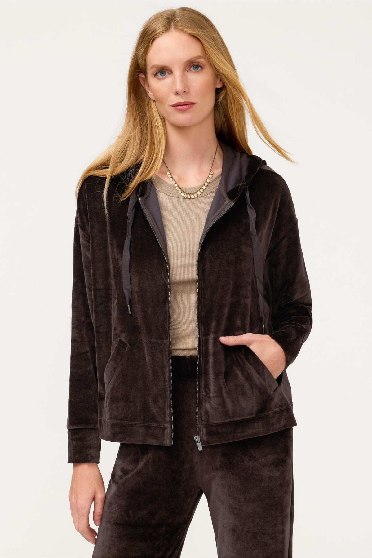 ESSENTIALS VELOUR LONG SLEEVE ZIP FRONT HOODIE - Johnny Was Signature