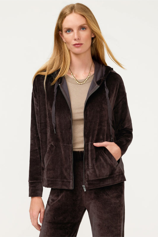 ESSENTIALS VELOUR LONG SLEEVE ZIP FRONT HOODIE - Johnny Was Signature