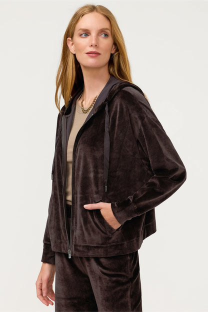 ESSENTIALS VELOUR LONG SLEEVE ZIP FRONT HOODIE - Johnny Was Signature
