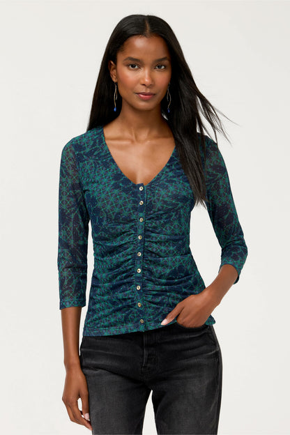 RUCHED BUTTON FRONT MESH TEE - Johnny Was Recommended