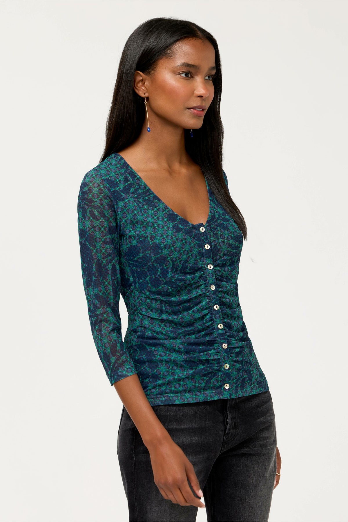 RUCHED BUTTON FRONT MESH TEE - Johnny Was Recommended