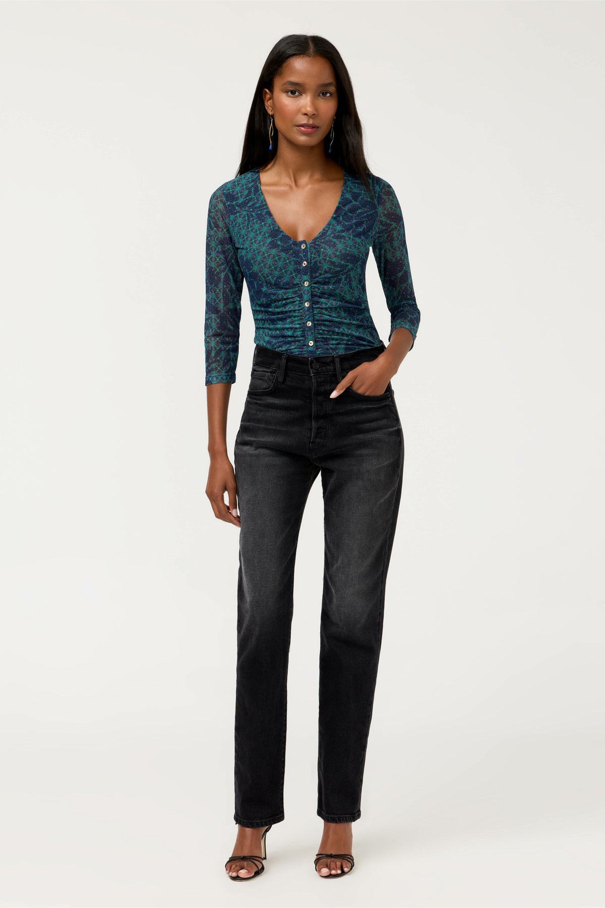 RUCHED BUTTON FRONT MESH TEE - Johnny Was Recommended