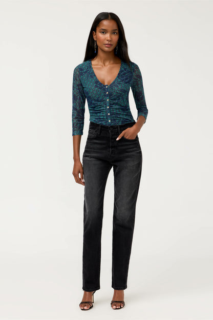 RUCHED BUTTON FRONT MESH TEE - Johnny Was Recommended