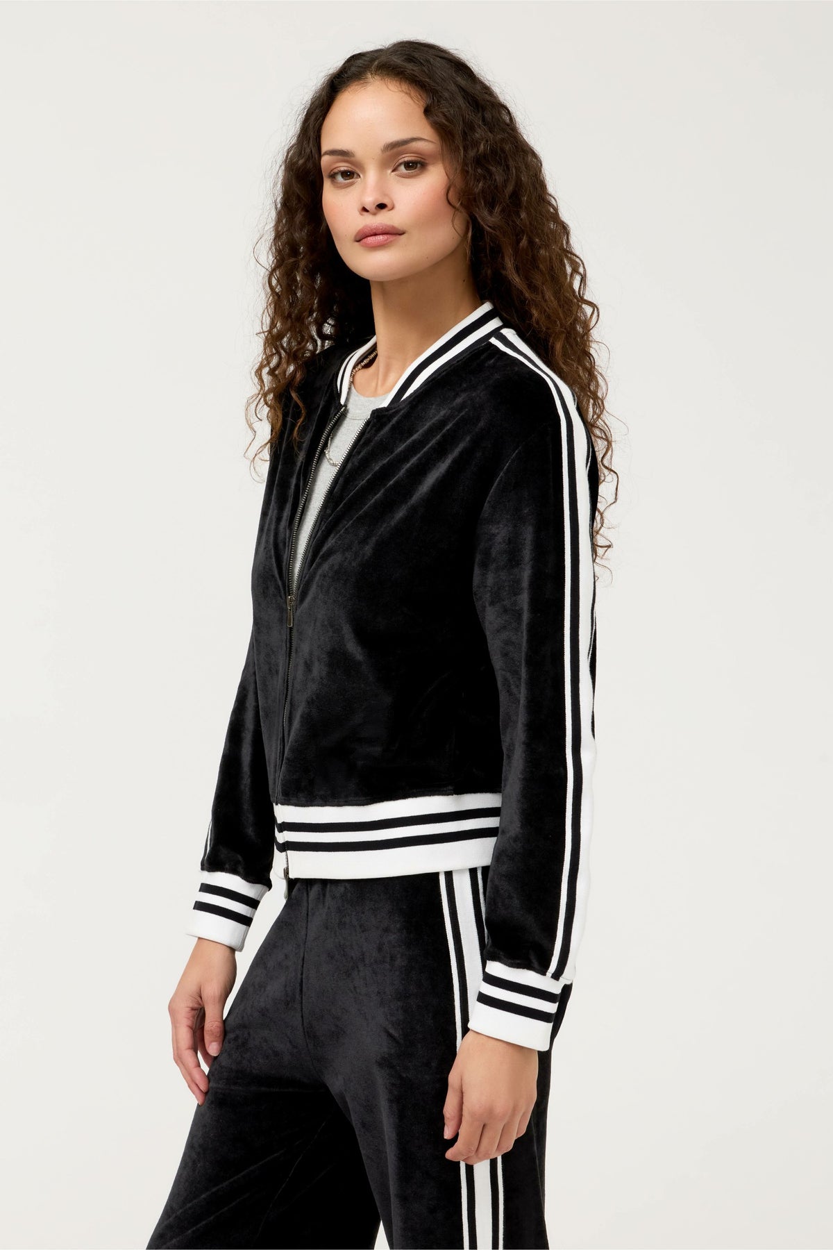 VELOUR ZIP BOMBER WITH STRIPE DETAIL - Johnny Was Trending
