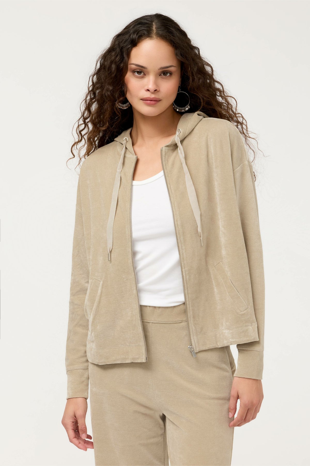 ESSENTIALS VELOUR LONG SLEEVE ZIP FRONT HOODIE - Johnny Was Best Seller