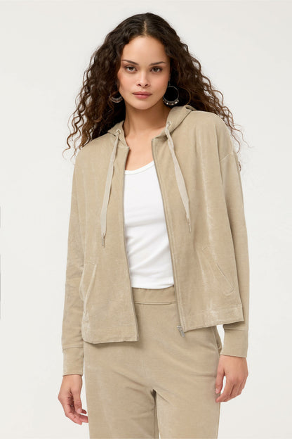 ESSENTIALS VELOUR LONG SLEEVE ZIP FRONT HOODIE - Johnny Was Best Seller