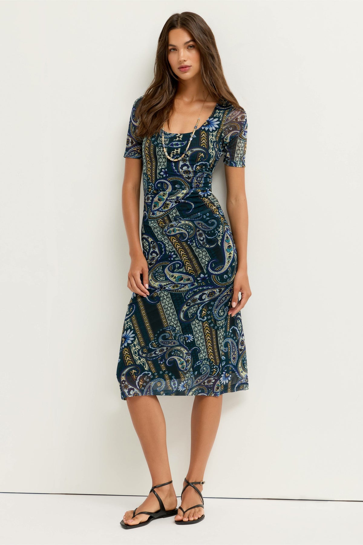 SCOOP NECK RUCHED FRONT MESH MIDI DRESS - Johnny Was Exclusive