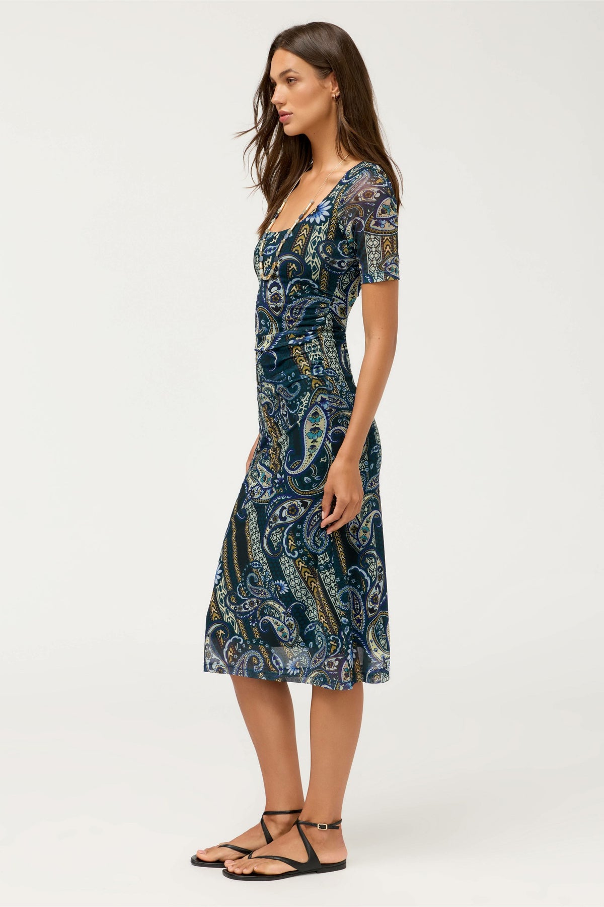 SCOOP NECK RUCHED FRONT MESH MIDI DRESS - Johnny Was Exclusive