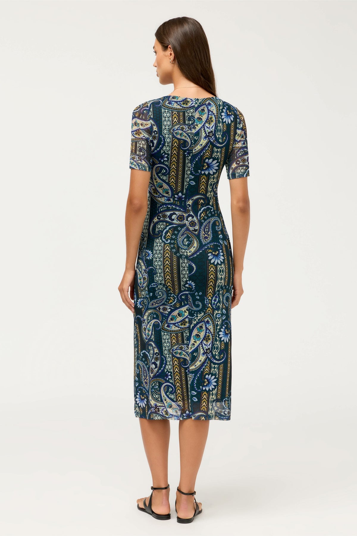 SCOOP NECK RUCHED FRONT MESH MIDI DRESS - Johnny Was Exclusive