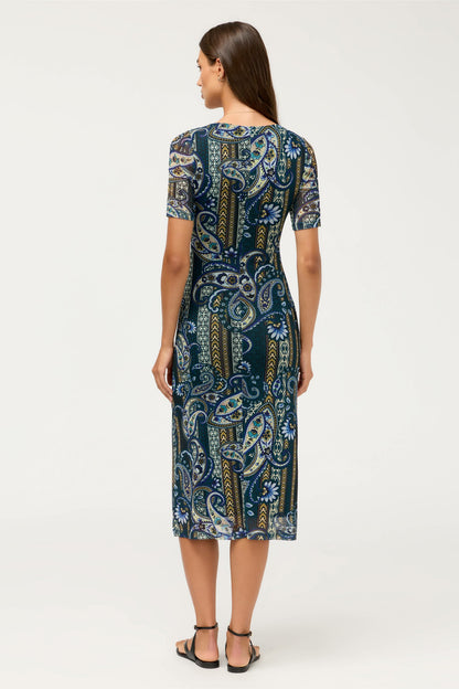 SCOOP NECK RUCHED FRONT MESH MIDI DRESS - Johnny Was Exclusive