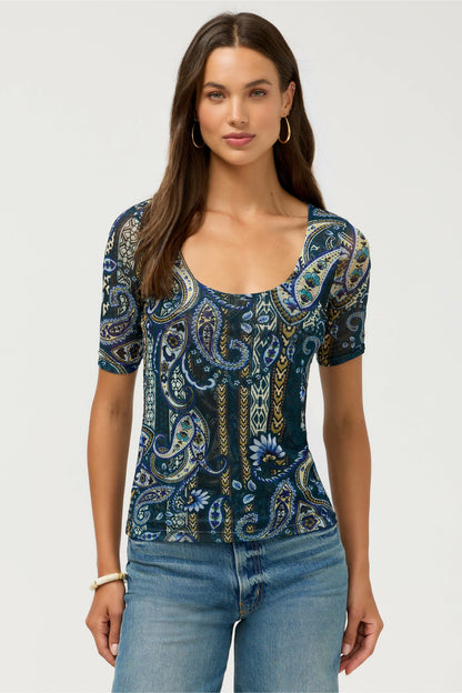 ELBOW SLEEVE SCOOP NECK MESH TEE - Johnny Was Featured