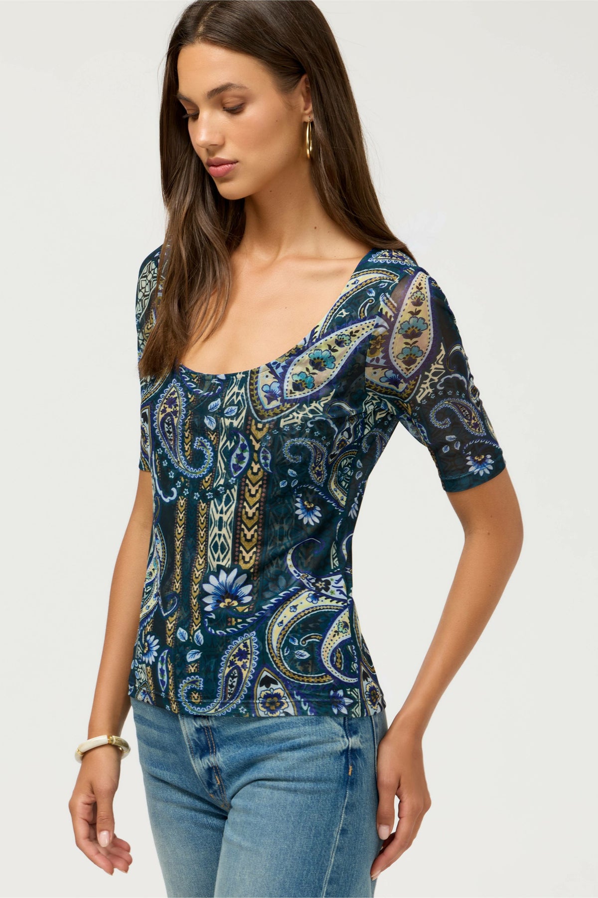 ELBOW SLEEVE SCOOP NECK MESH TEE - Johnny Was Featured