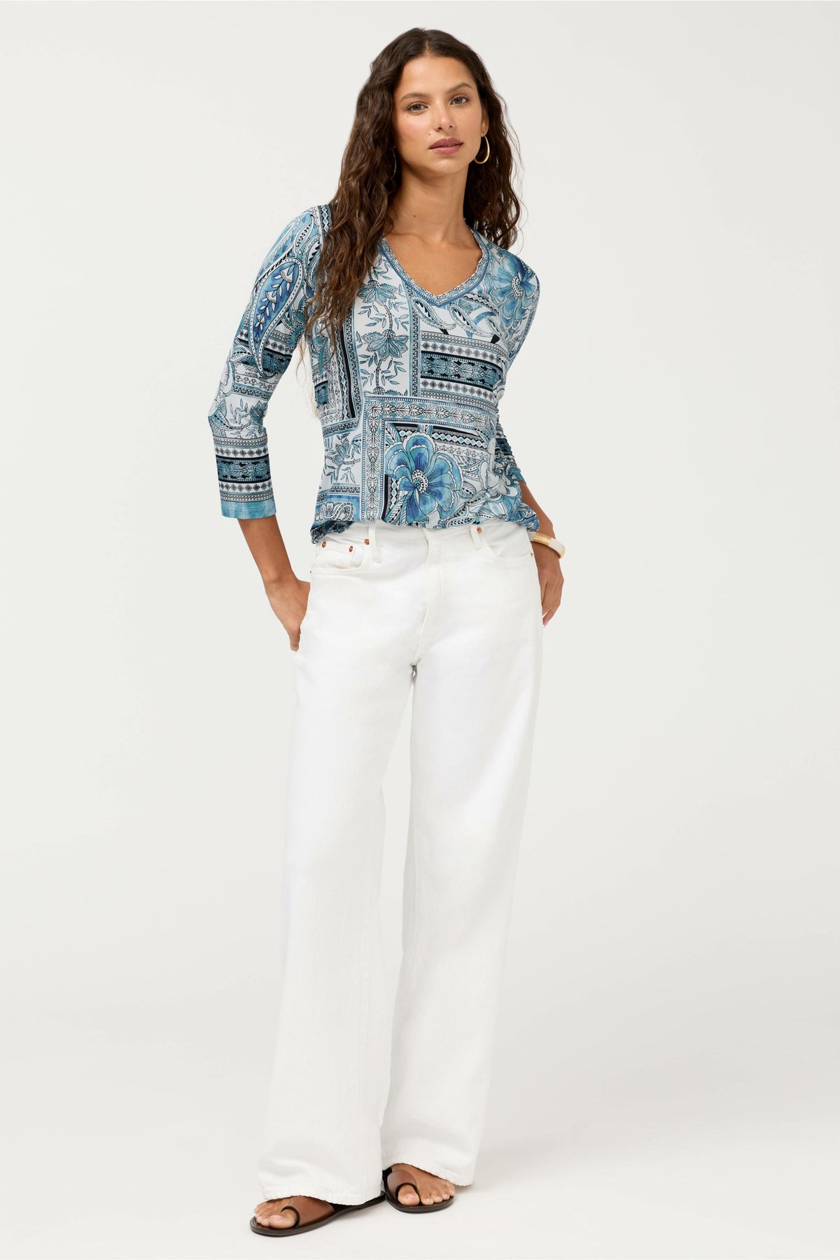THE JANIE FAVORITE 3/4 SLEEVE V-NECK SWING TEE - Johnny Was Recommended