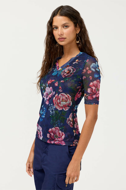 V-NECK ELBOW SLEEVE MESH TOP - Johnny Was Featured