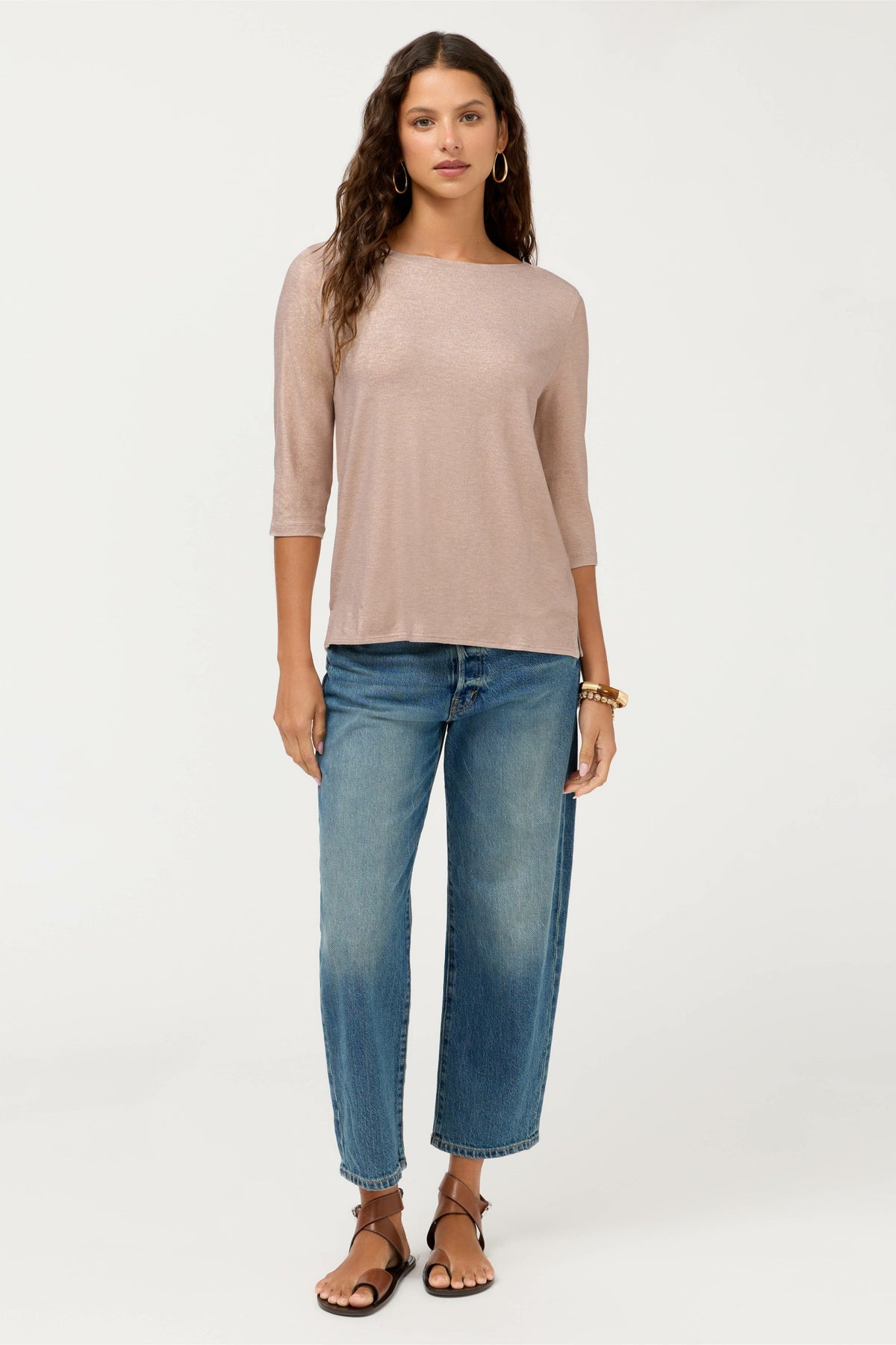 ESSENTIALS METALLIC 3/4 SLEEVE BOATNECK - Johnny Was New