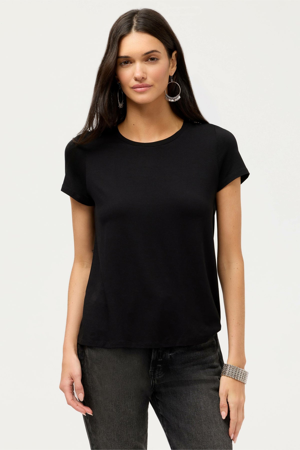 ESSENTIALS SHORT SLEEVE PLEAT BACK CREW NECK - Johnny Was Featured
