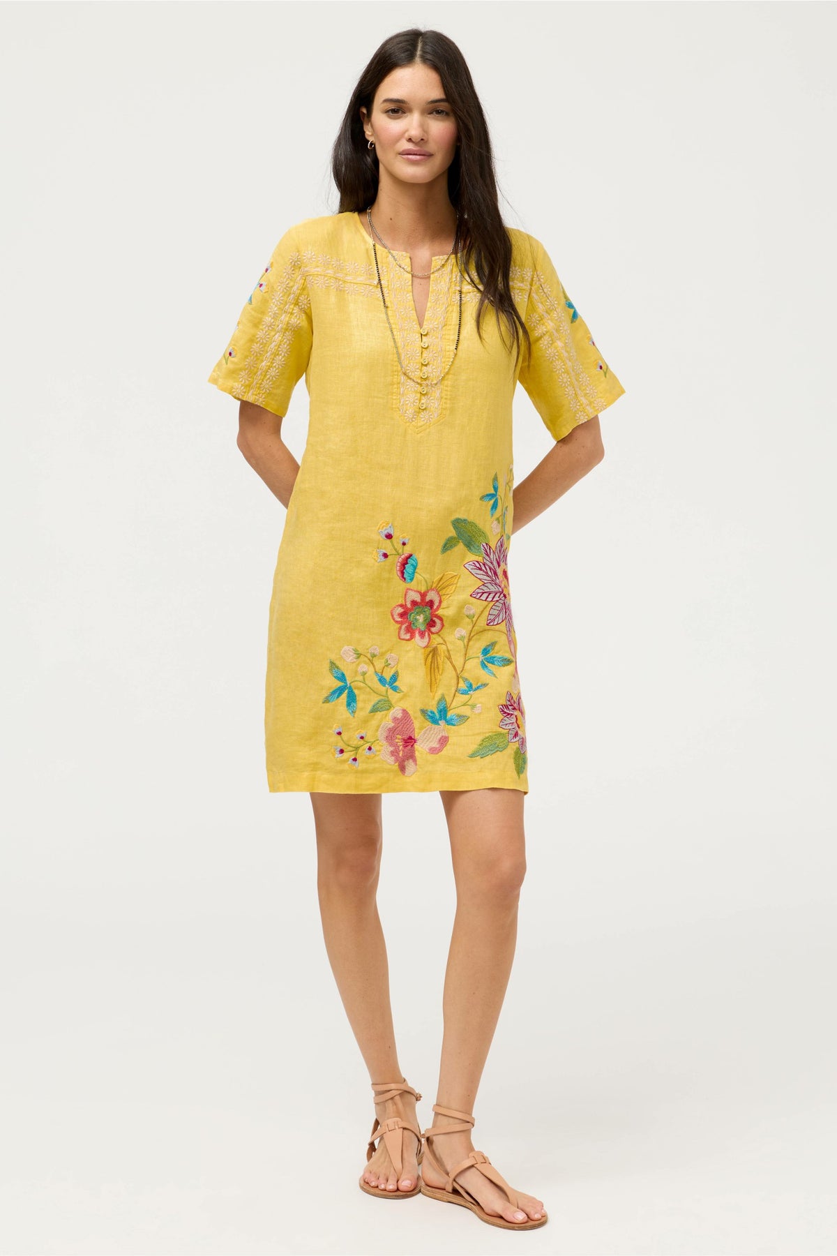 SEAMED BUTTON NECK LINEN DRESS - Johnny Was Signature
