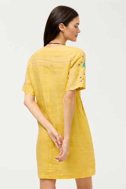 SEAMED BUTTON NECK LINEN DRESS - Johnny Was Signature