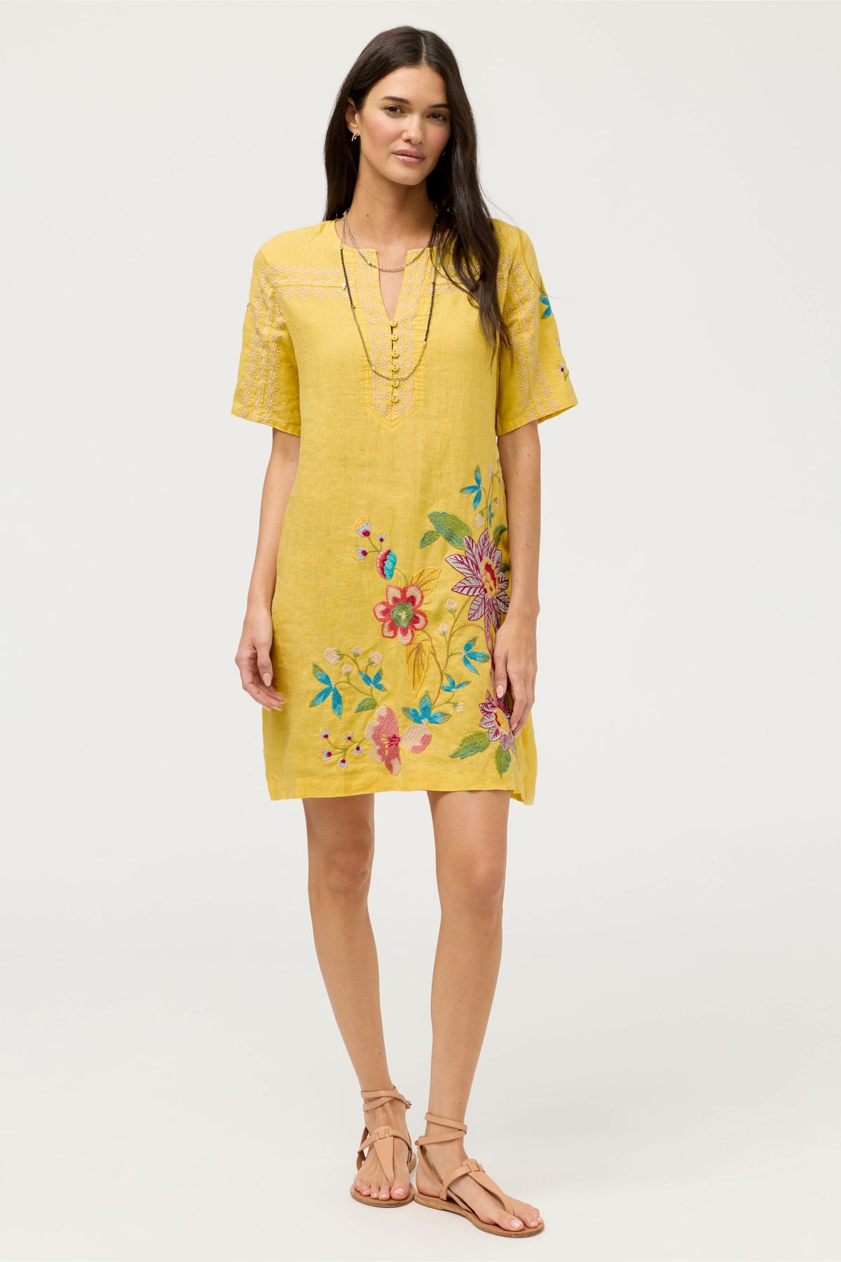 SEAMED BUTTON NECK LINEN DRESS - Johnny Was Signature