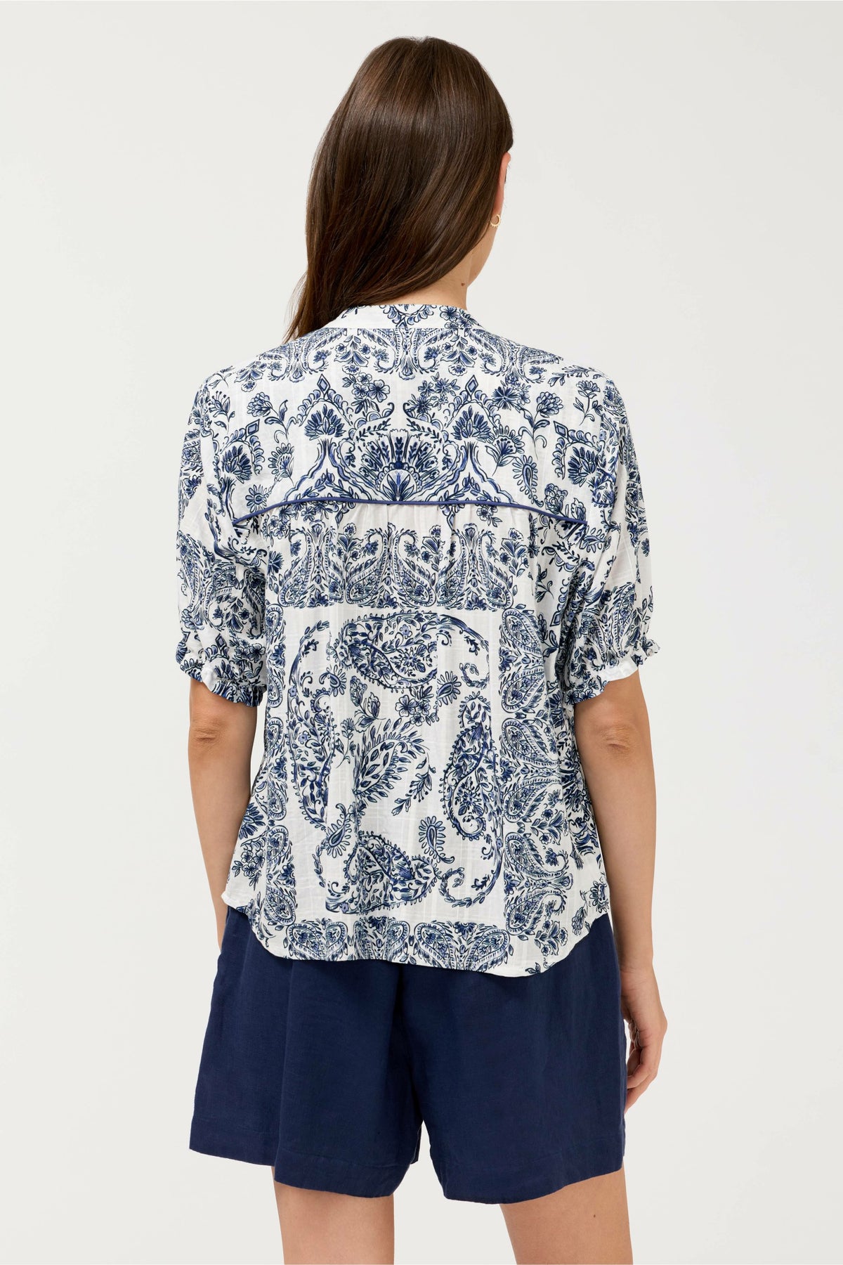 SHORT SLEEVE WESTERN SHIRRED YOKE BLOUSE - Johnny Was Featured