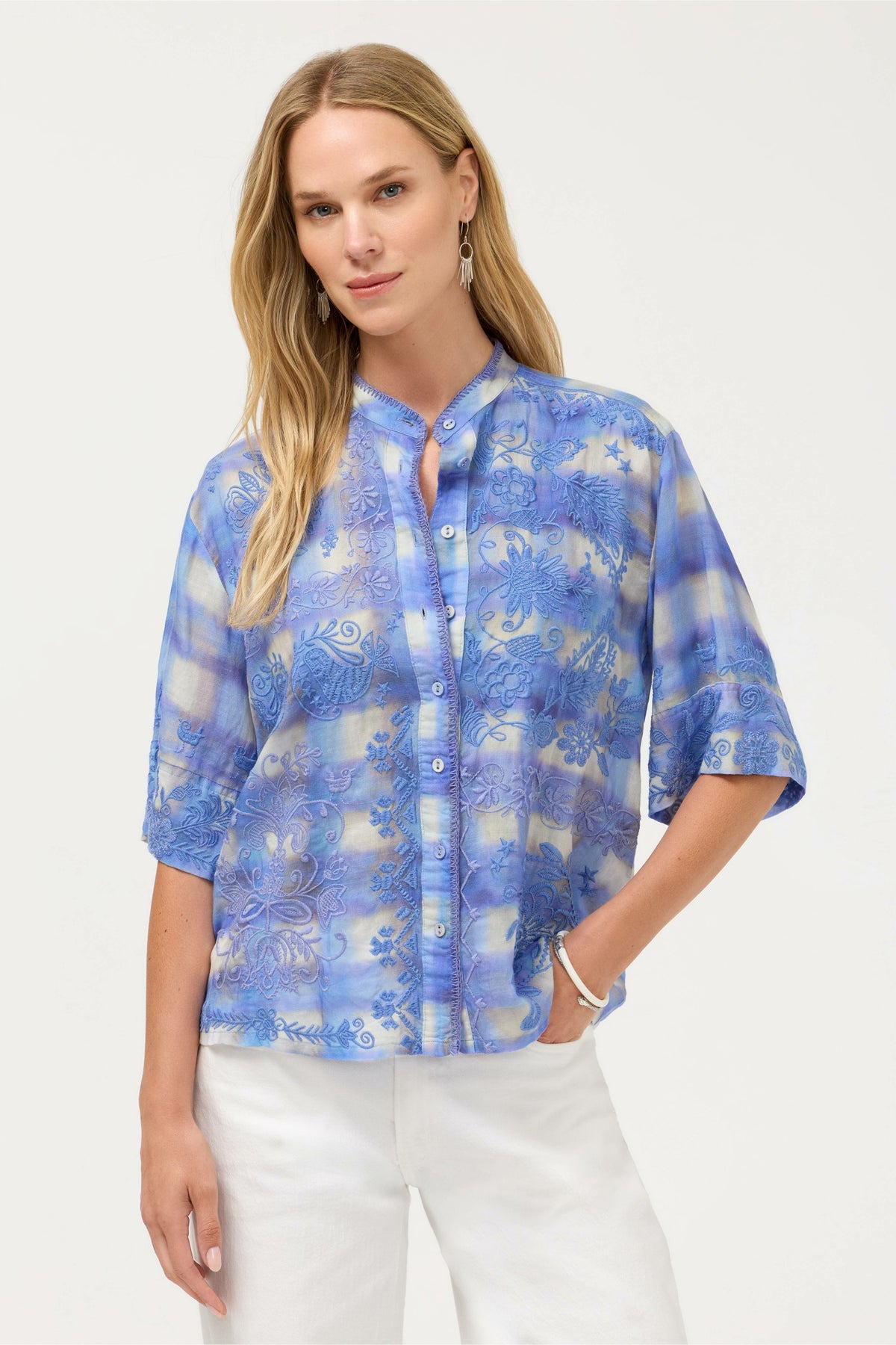 SHORT SLEEVE RELAXED MANDARIN COLLAR SHIRT - Johnny Was Exclusive