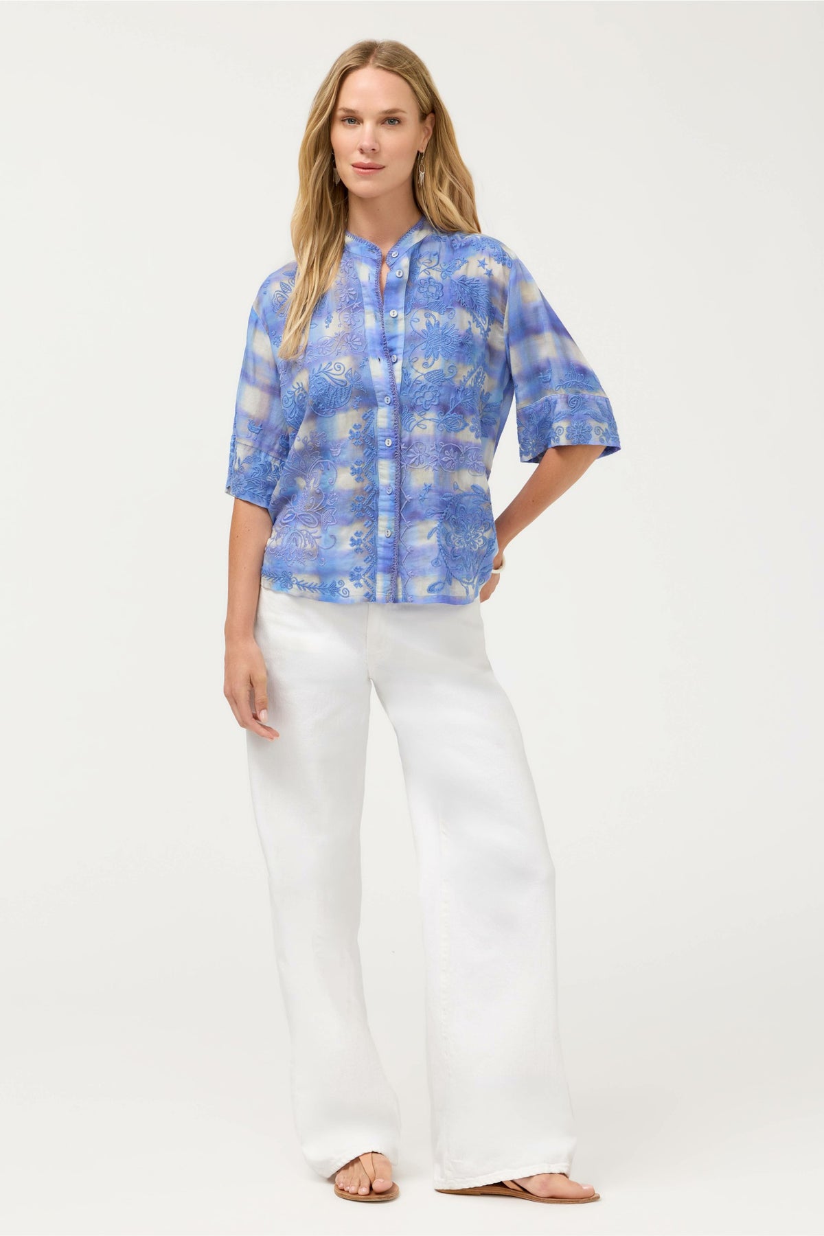 SHORT SLEEVE RELAXED MANDARIN COLLAR SHIRT - Johnny Was Exclusive