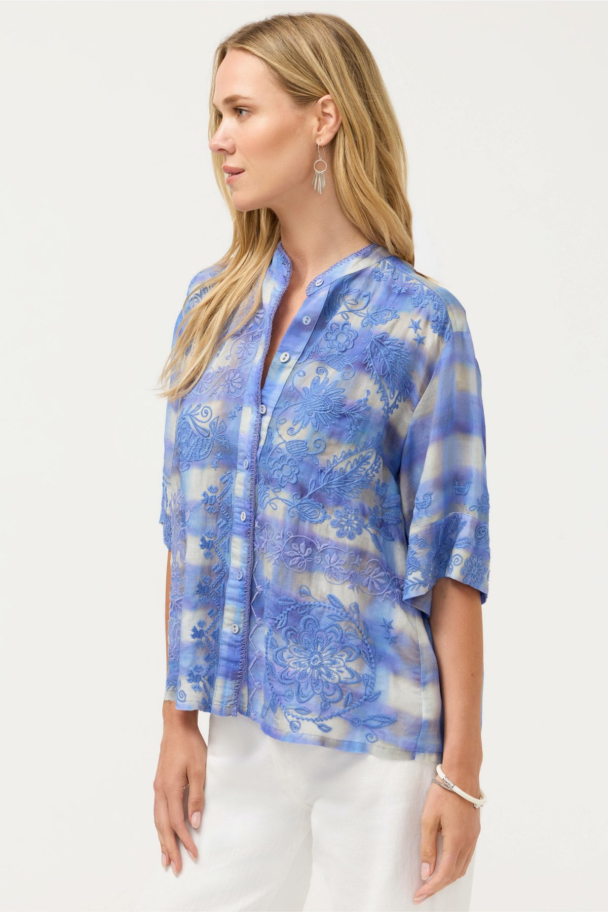 SHORT SLEEVE RELAXED MANDARIN COLLAR SHIRT - Johnny Was Exclusive