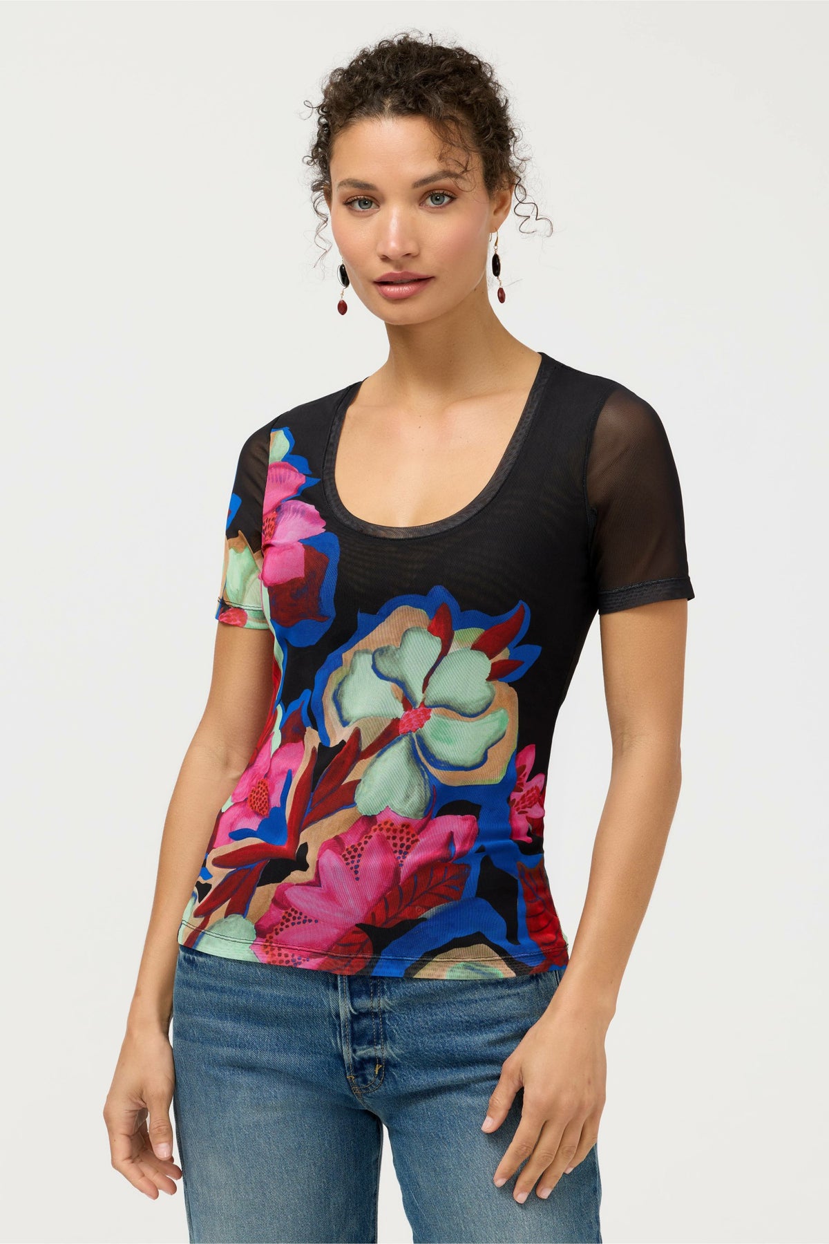 SHORT SLEEVE SCOOP NECK MESH TEE - Johnny Was Recommended