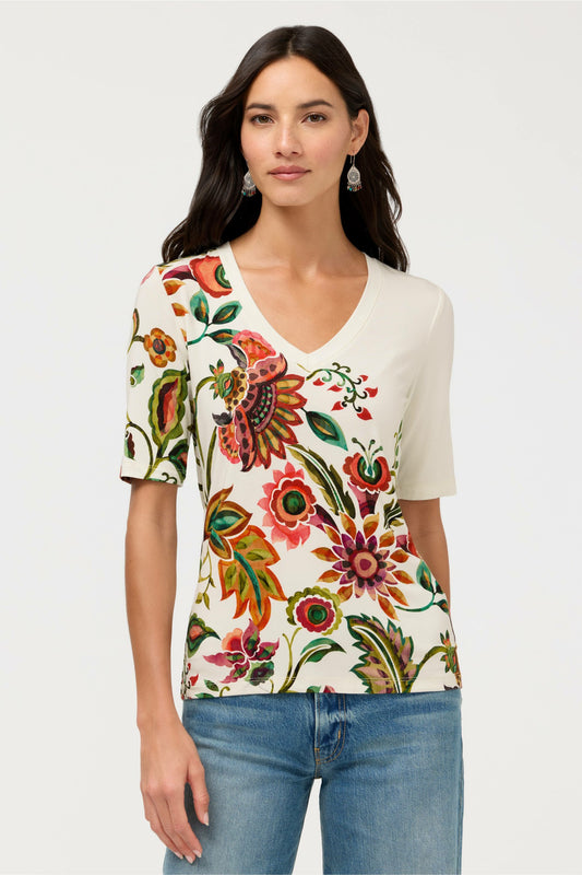 THE JANIE FAVORITE FITTED V-NECK ELBOW SLEEVE TEE - Johnny Was Signature