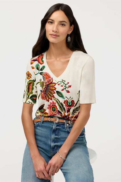 THE JANIE FAVORITE FITTED V-NECK ELBOW SLEEVE TEE - Johnny Was Signature