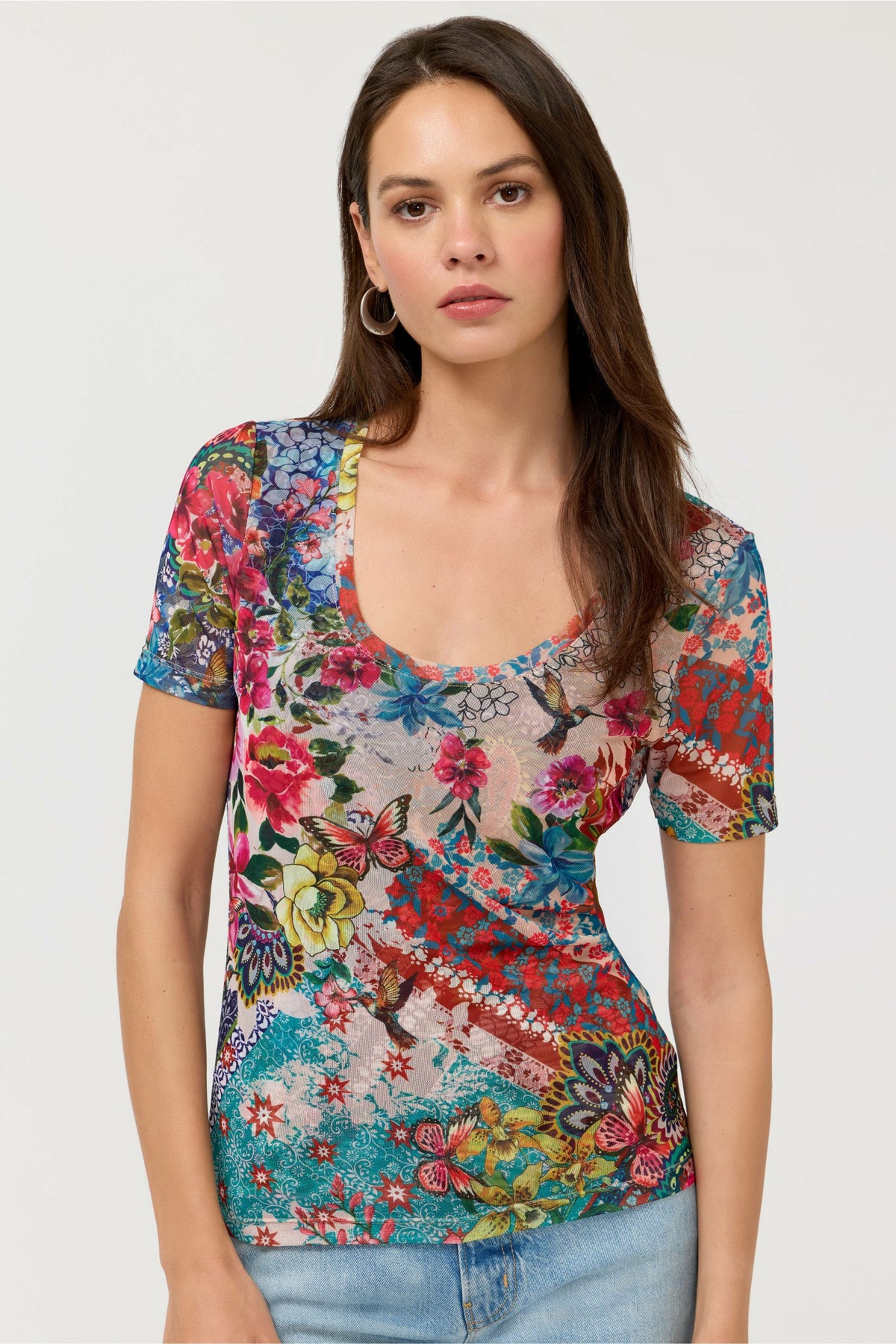 SHORT SLEEVE SCOOP NECK MESH TEE - Johnny Was Recommended