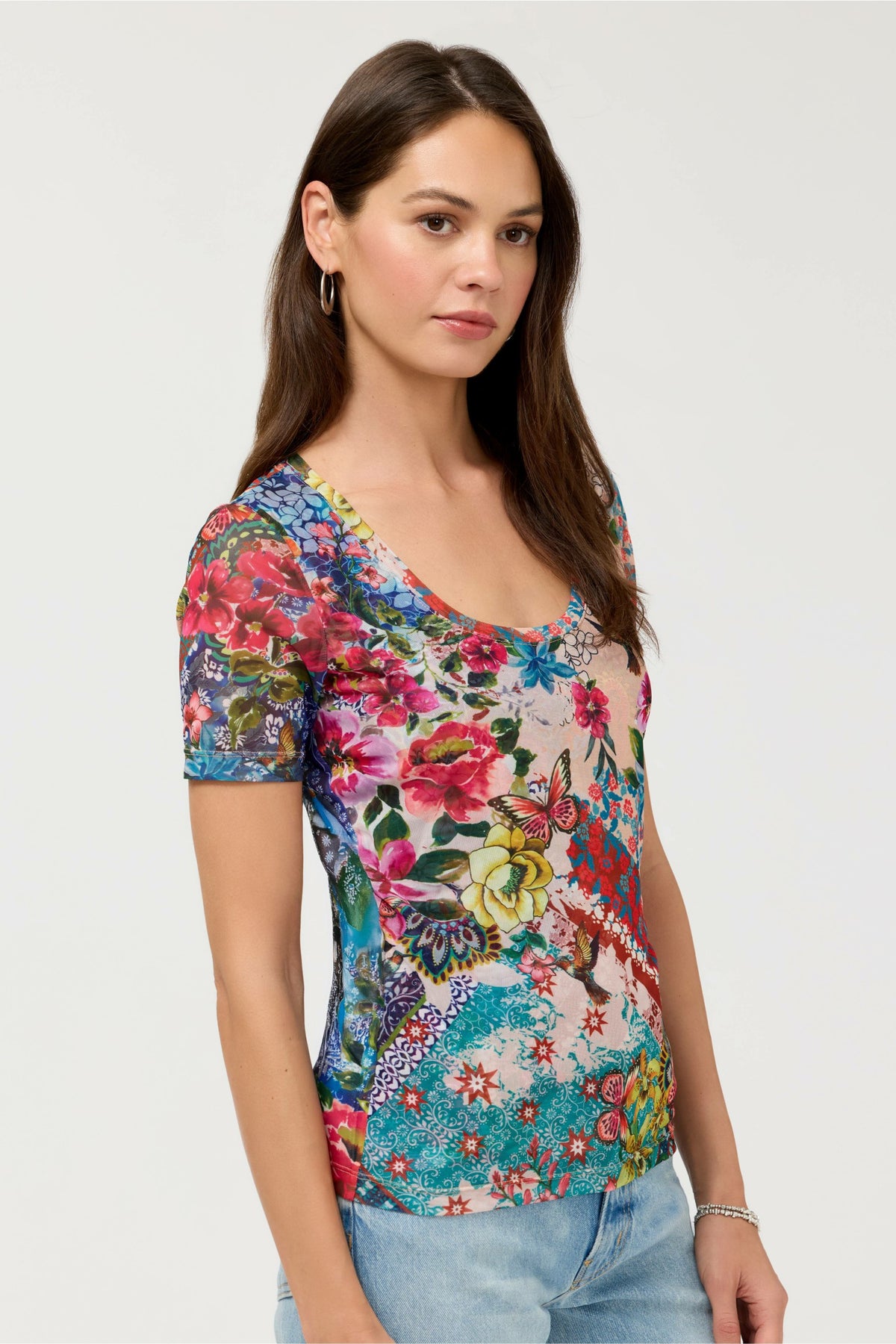 SHORT SLEEVE SCOOP NECK MESH TEE - Johnny Was Recommended