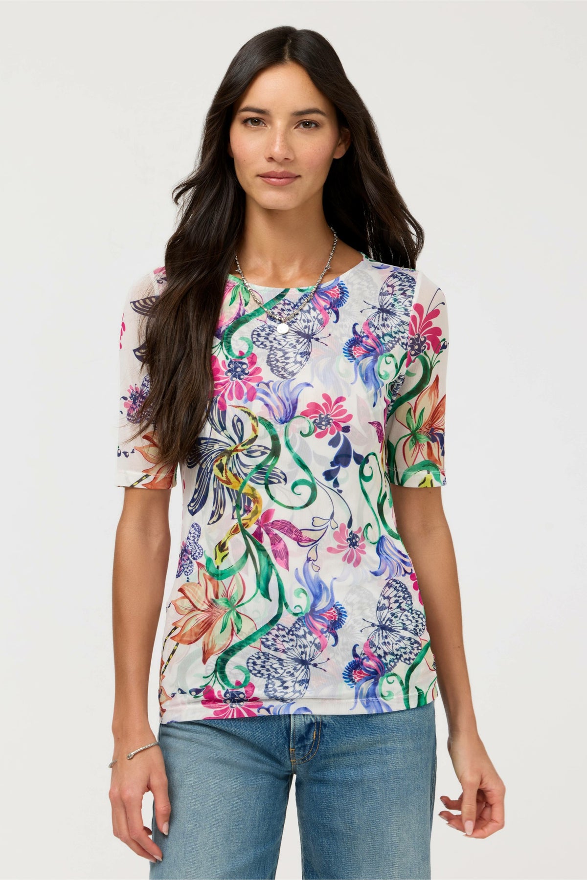 ELBOW SLEEVE BOAT NECK MESH TOP - Johnny Was Signature