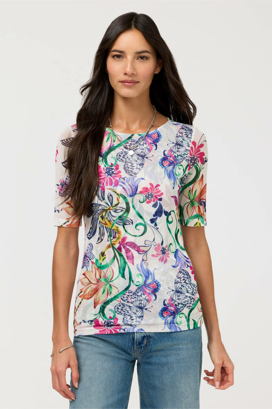 ELBOW SLEEVE BOAT NECK MESH TOP - Johnny Was Signature