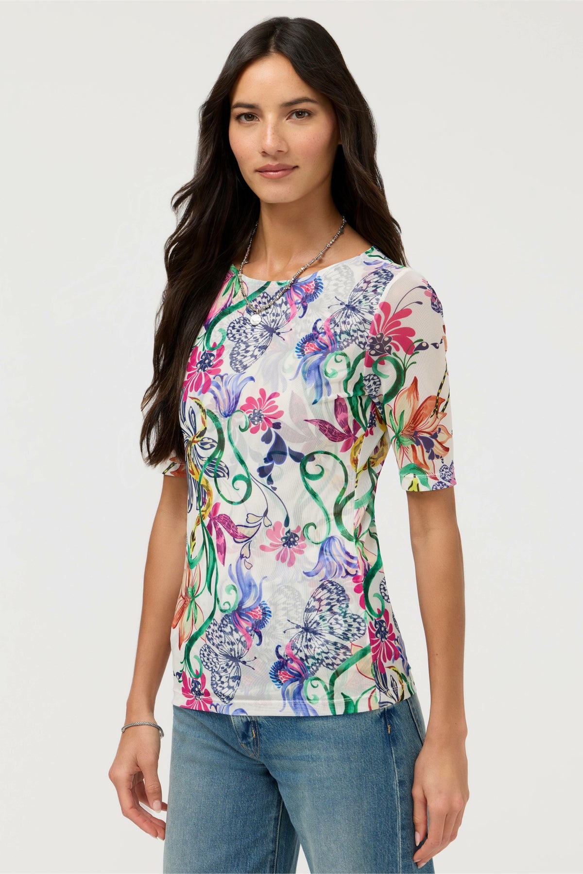 ELBOW SLEEVE BOAT NECK MESH TOP - Johnny Was Signature