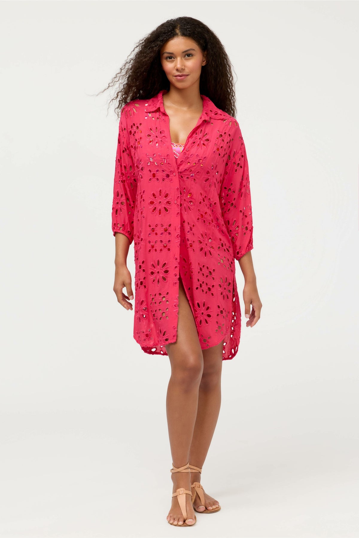 EYELET BUTTON DOWN SHIRT DRESS - Johnny Was Popular