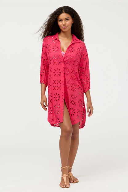 EYELET BUTTON DOWN SHIRT DRESS - Johnny Was Popular