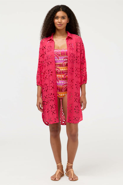 EYELET BUTTON DOWN SHIRT DRESS - Johnny Was Popular