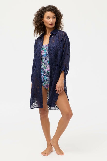 NAVY MARILLA EYELET BUTTON DOWN SHIRT DRESS - Johnny Was Featured