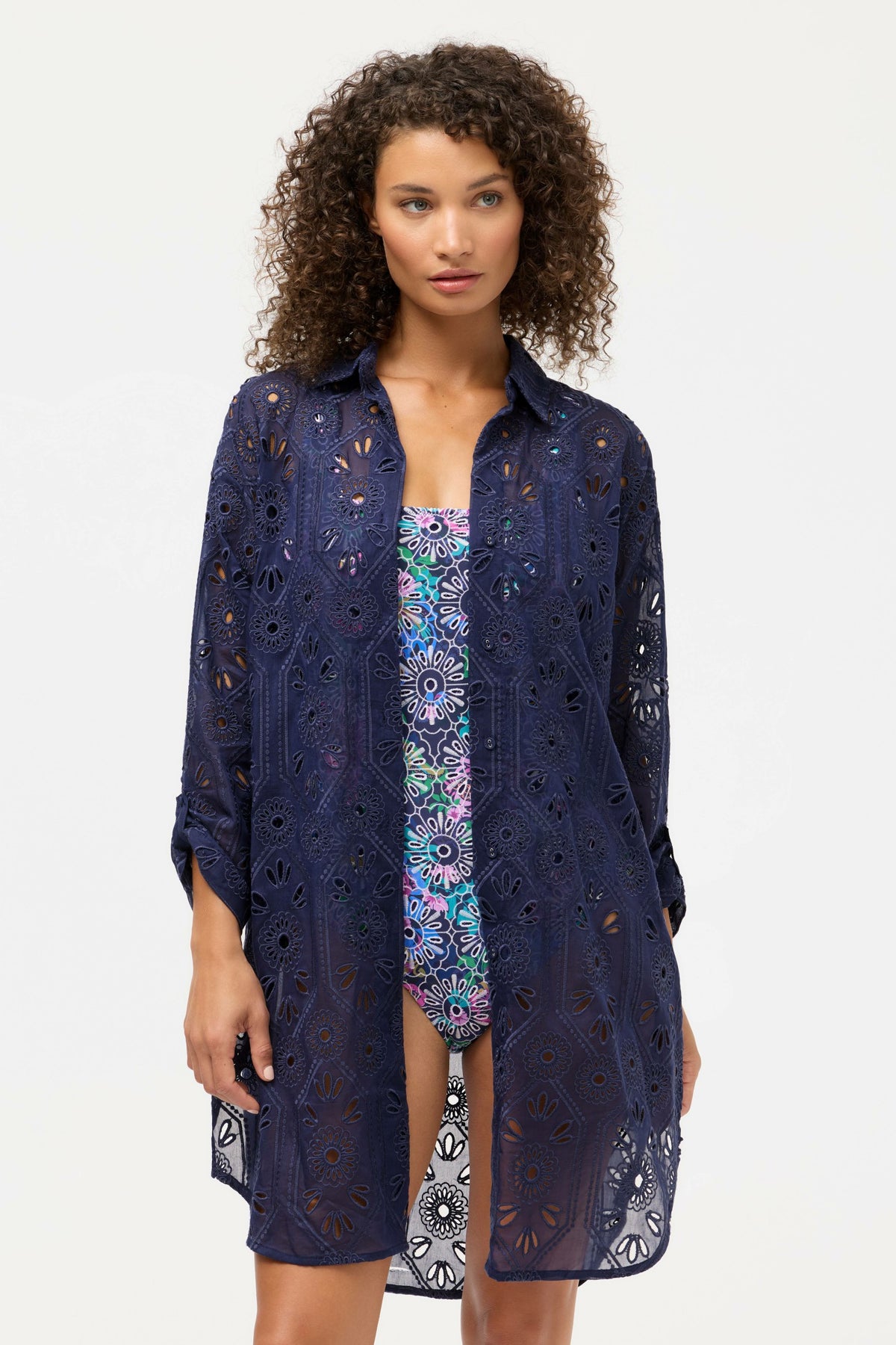 NAVY MARILLA EYELET BUTTON DOWN SHIRT DRESS - Johnny Was Featured