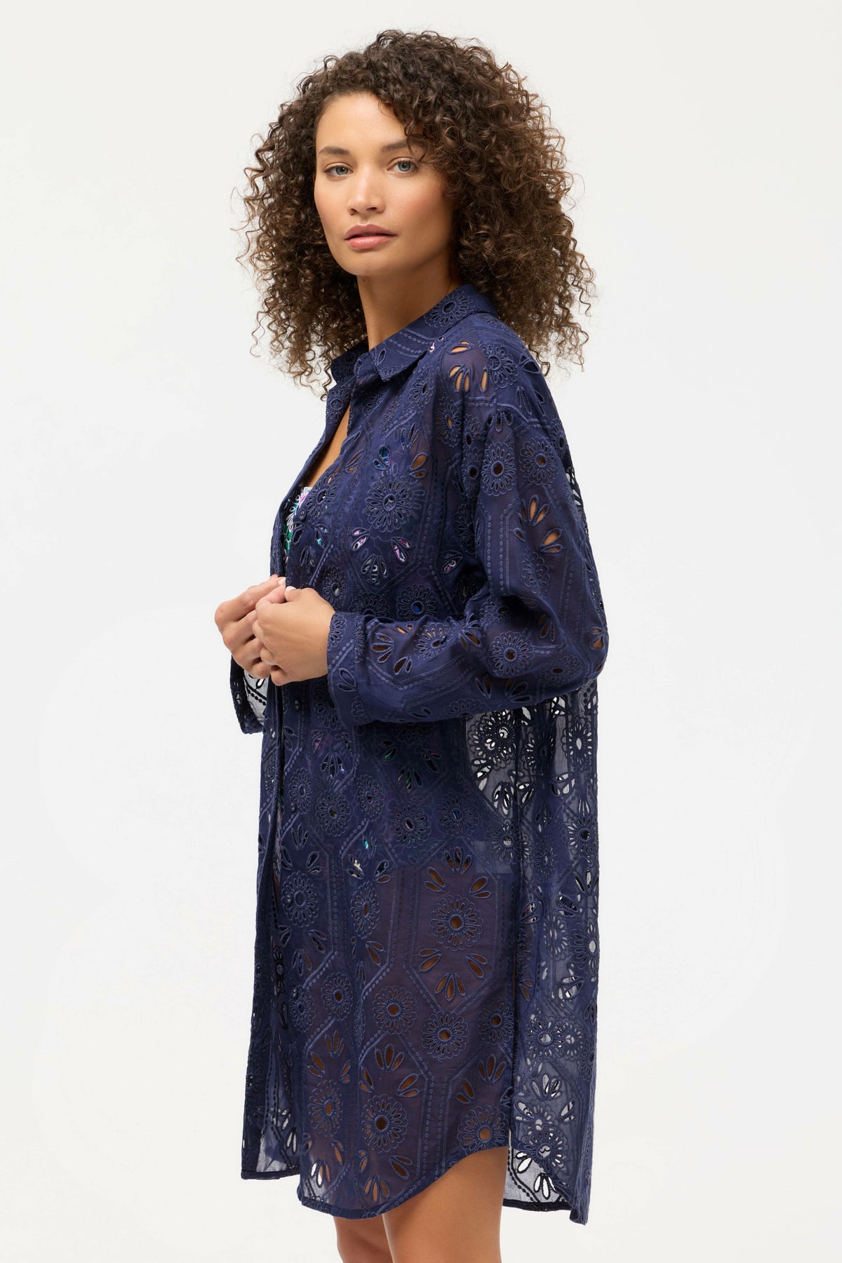 NAVY MARILLA EYELET BUTTON DOWN SHIRT DRESS - Johnny Was Featured