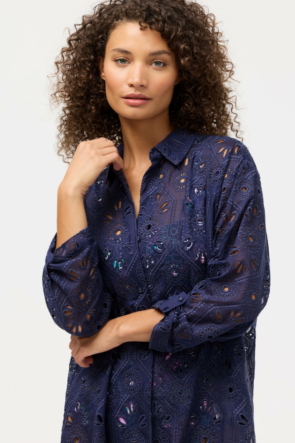NAVY MARILLA EYELET BUTTON DOWN SHIRT DRESS - Johnny Was Featured