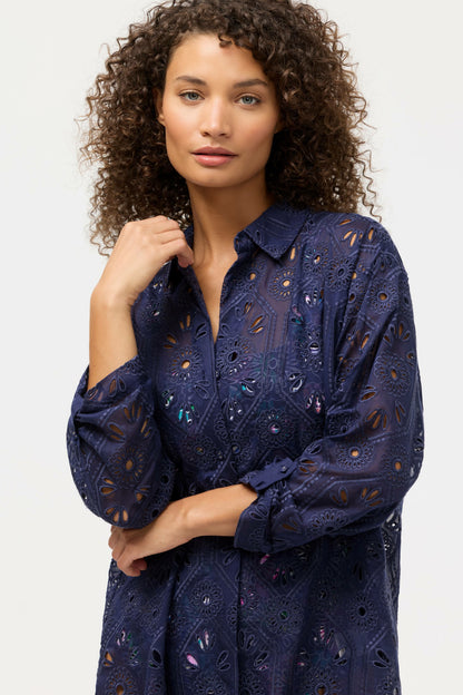 NAVY MARILLA EYELET BUTTON DOWN SHIRT DRESS - Johnny Was Featured
