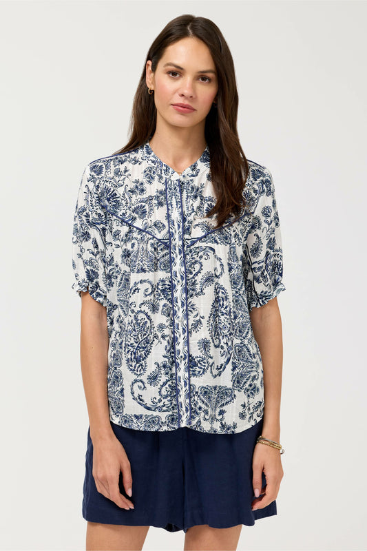 SHORT SLEEVE WESTERN SHIRRED YOKE BLOUSE - Johnny Was Trending