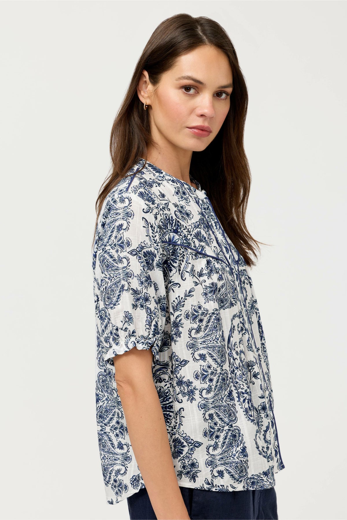 SHORT SLEEVE WESTERN SHIRRED YOKE BLOUSE - Johnny Was Trending