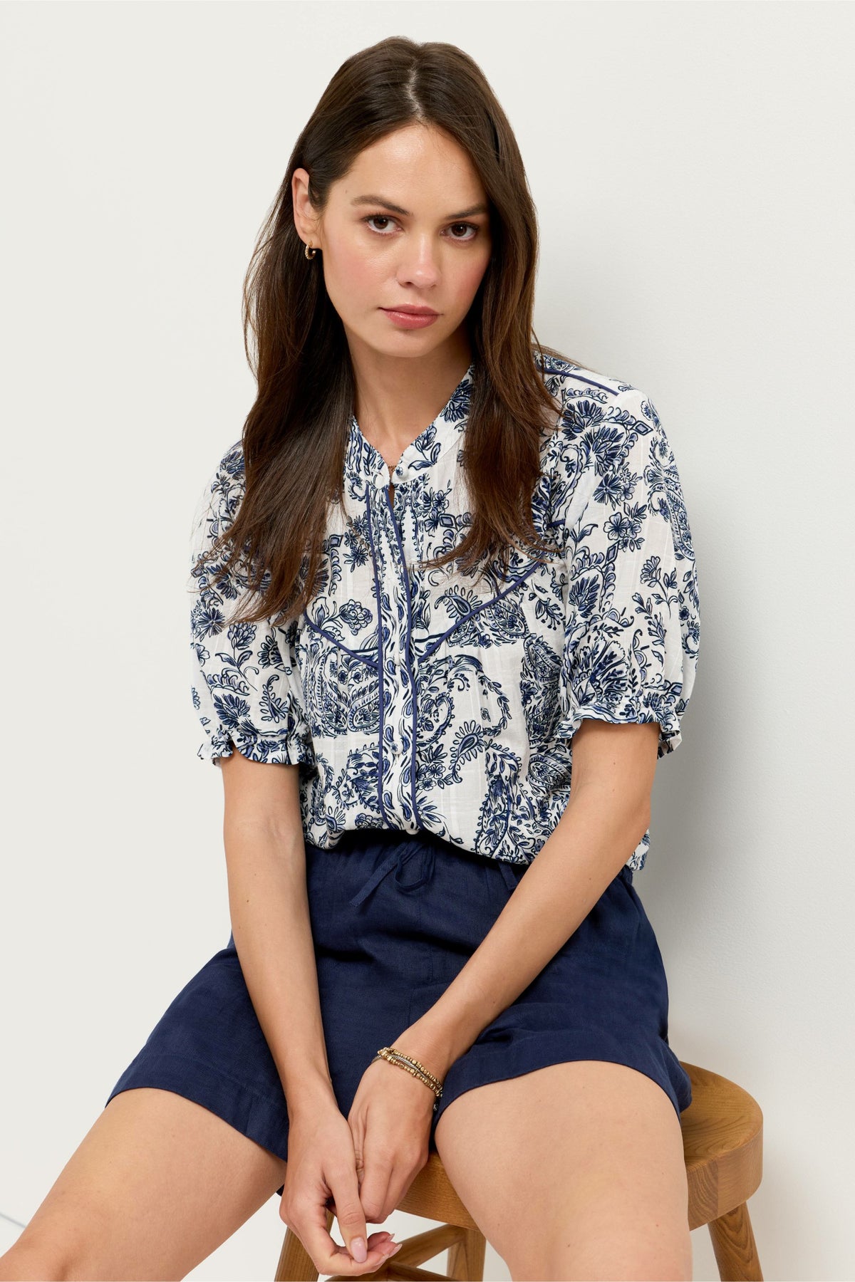 SHORT SLEEVE WESTERN SHIRRED YOKE BLOUSE - Johnny Was Trending